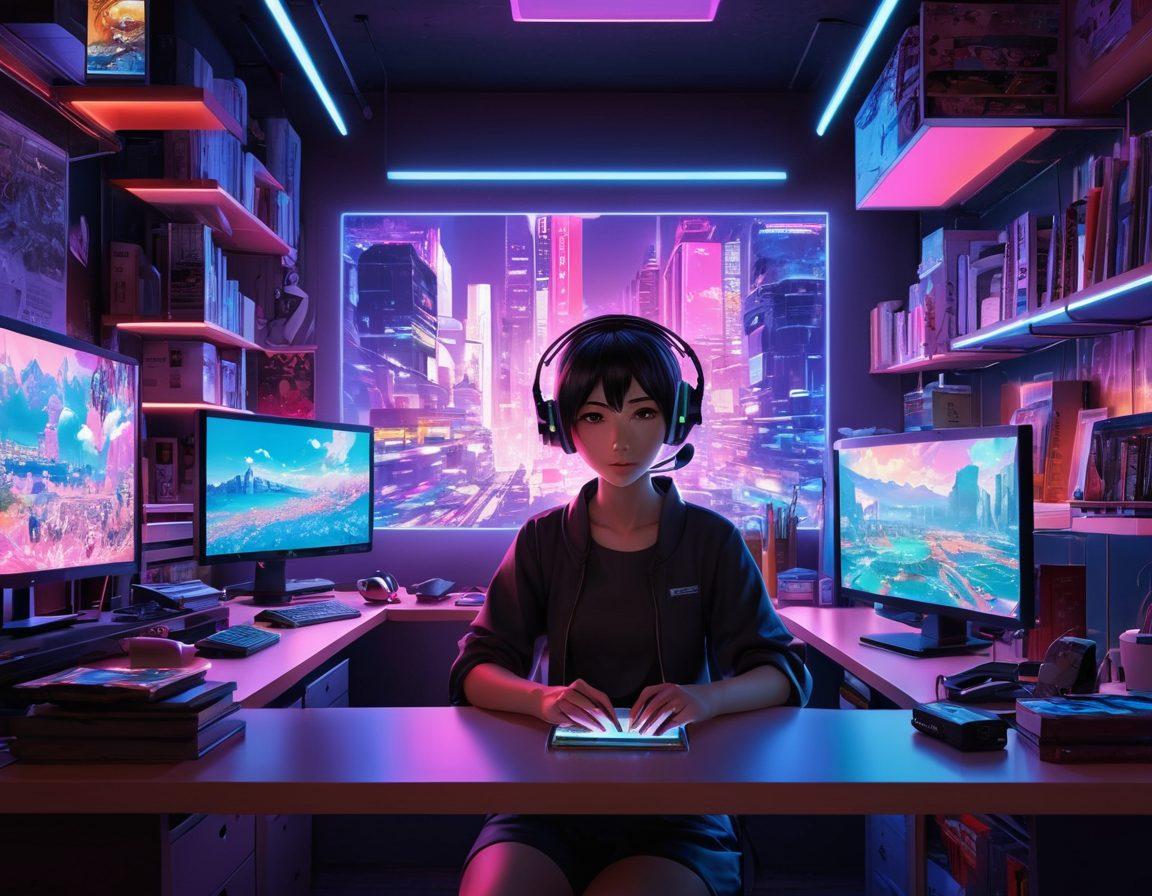 A vibrant and dynamic scene showcasing a digital workspace filled with anime art, advanced technology gadgets, and glowing screens displaying various adult digital resources. Include a character enjoying immersive anime content with a futuristic headset, surrounded by colorful illustrations and manga books. The atmosphere should be energetic and inviting, capturing the transformation of anime experiences. super-realistic. vibrant colors. cyberpunk.